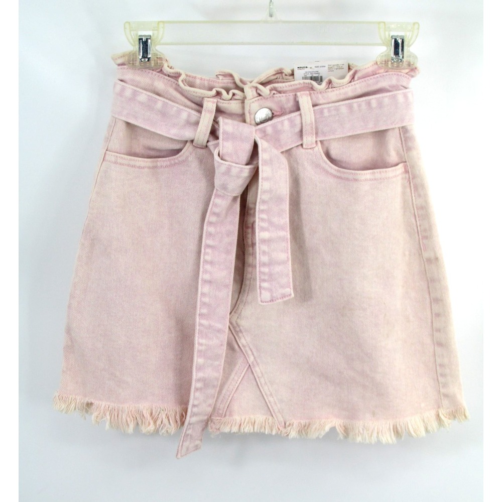 SO Pink Denim Mini Skirt Womens Size 3 Belted Raw Hem High Rise Ruffled Waist
